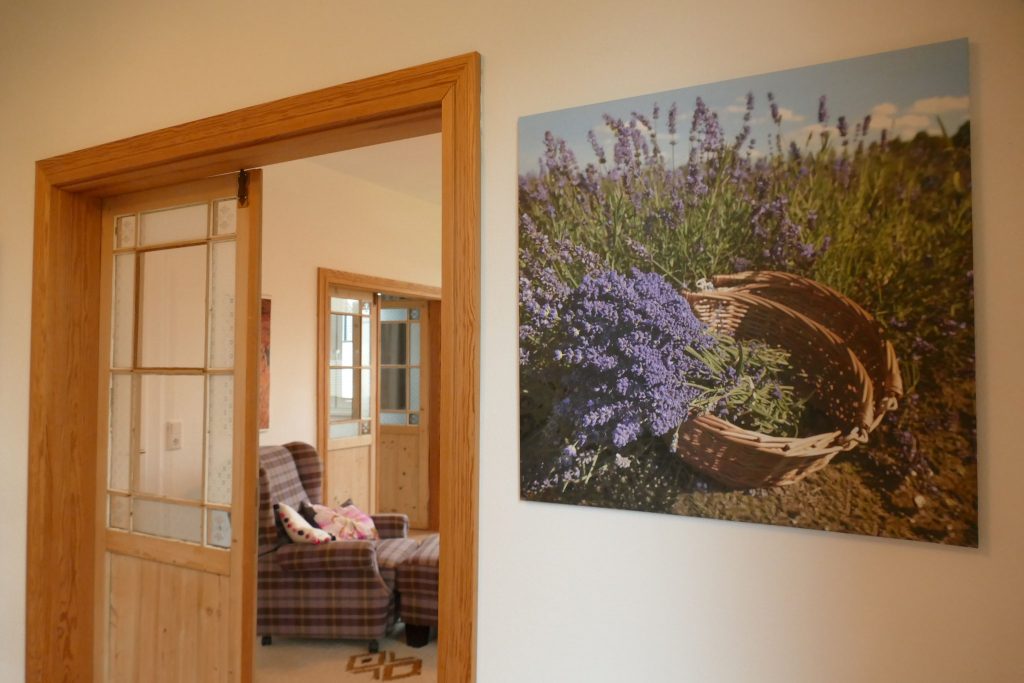 Ferienwohnungen-Hofmann - Untergeschoss, Gebäude innen, Bild mit Lavendel, Tür zum Wohnzimmer, Wohlfühlen in Ostfriesland, Friesland, Urlaub auf dem Land, Urlaub in Friesland, Ferien im Gulfhof