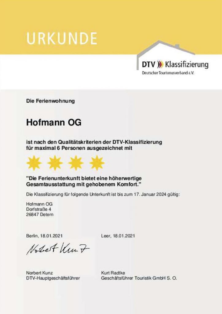 Urkunde Ferienwohnung - Hofmann - Obergeschoss